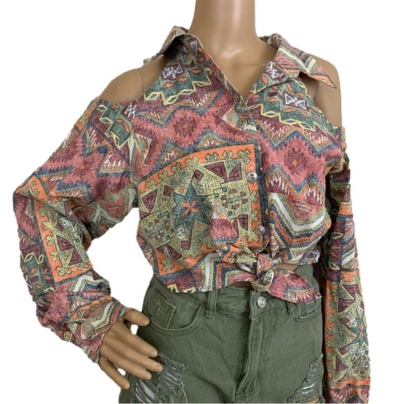VINTAGE Dead Stock 1990s Cold Shoulder Cropped Button Down Top Size Large - Picture 1 of 8